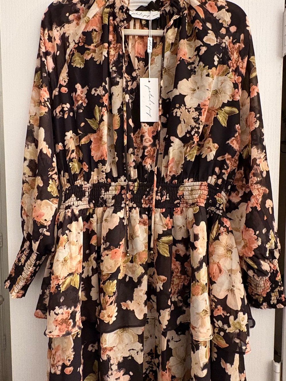 Petal & Pup Black Floral Mini Dress with Cream and Peach Blooms